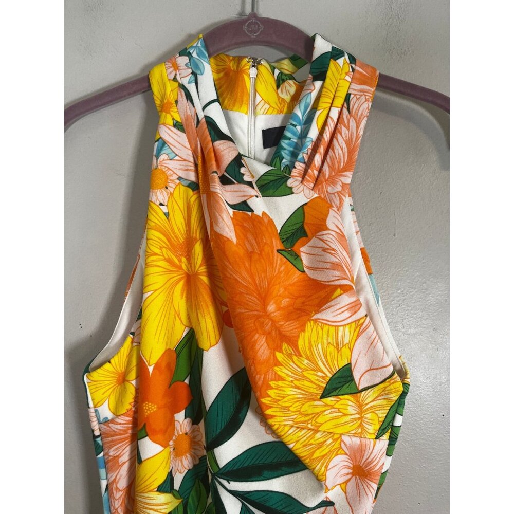 Colorful Floral Halter Maxi Dress Orange M Tropical Resort Bodycon Cottage 90s - Picture 4 of 13